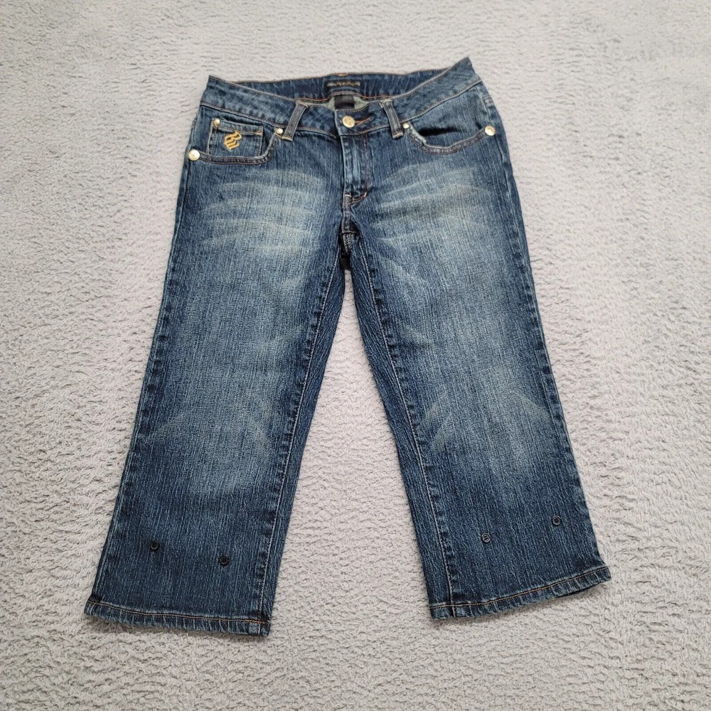 Rocawear Jeans Womens 5 Blue Denim Crop Distressed Logo Embroidered Y2k 90s